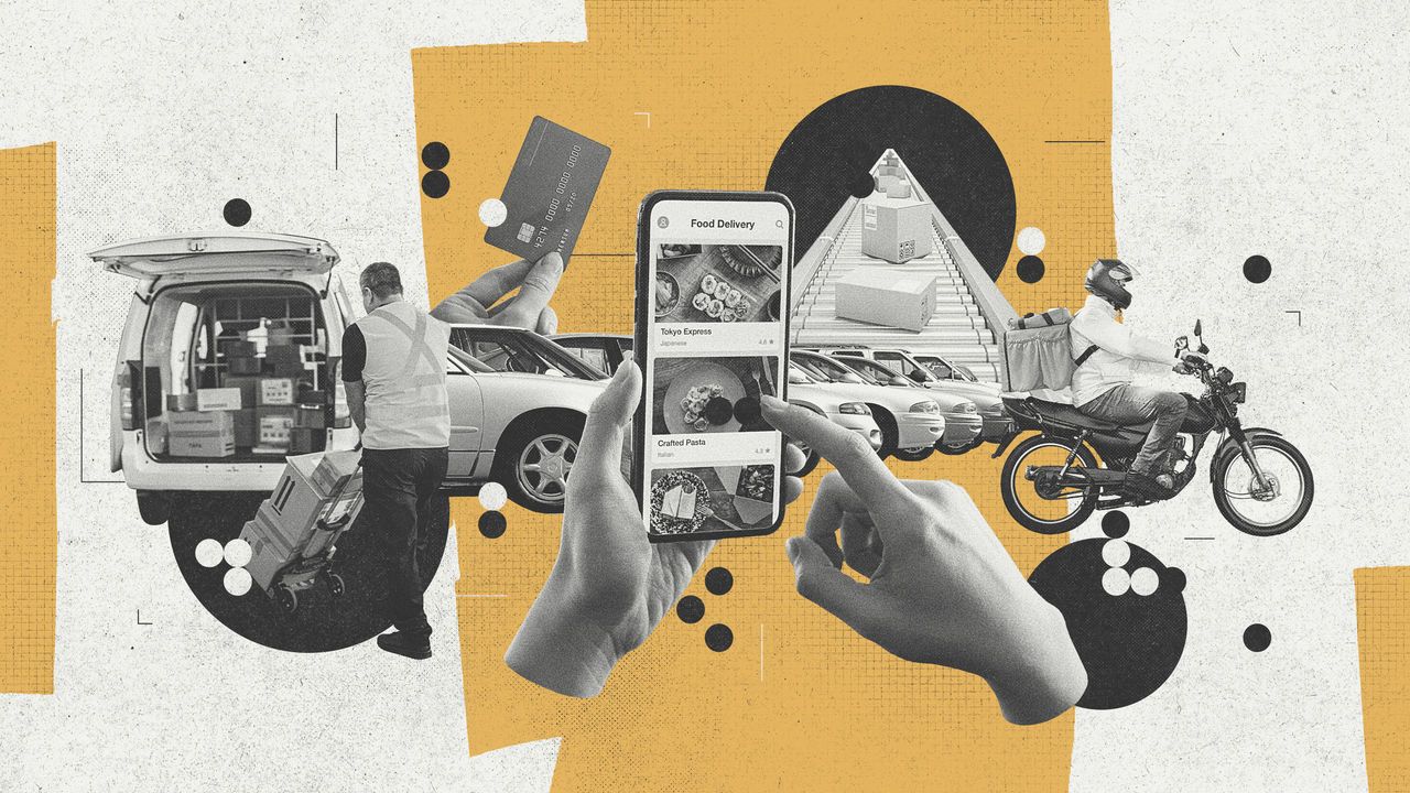 Collage showing imagery related to startups – a delivery van, a food delivery app, a credit card, a line of cars, a conveyorbelt of boxes and a delivery motorbike