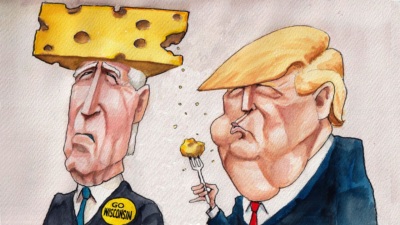 President Biden wearing a cheese hat with Donald Trump eating a chunk from the hat with a fork