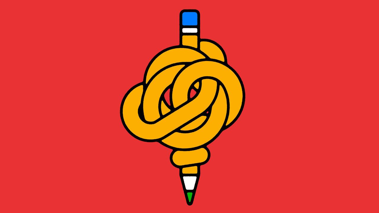 The image depicts a pencil with a knot tied in its middle. The pencil has a blue eraser at one end and a green tip at the other. The background is a solid red color, creating a stark contrast with the pencil's yellow body.