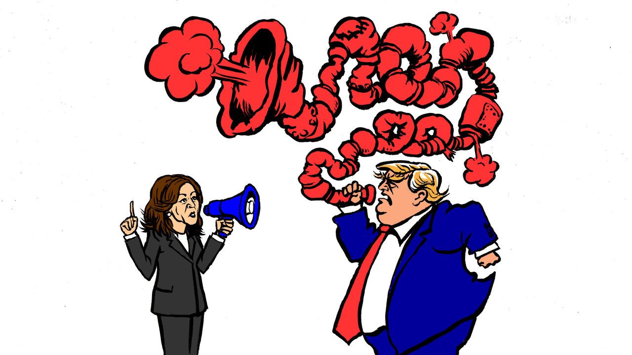 cartoon depicting Kamala Harris speaking through a megaphone, while Donald Trump speaks through a long cloud of smoke shaped like a megaphone