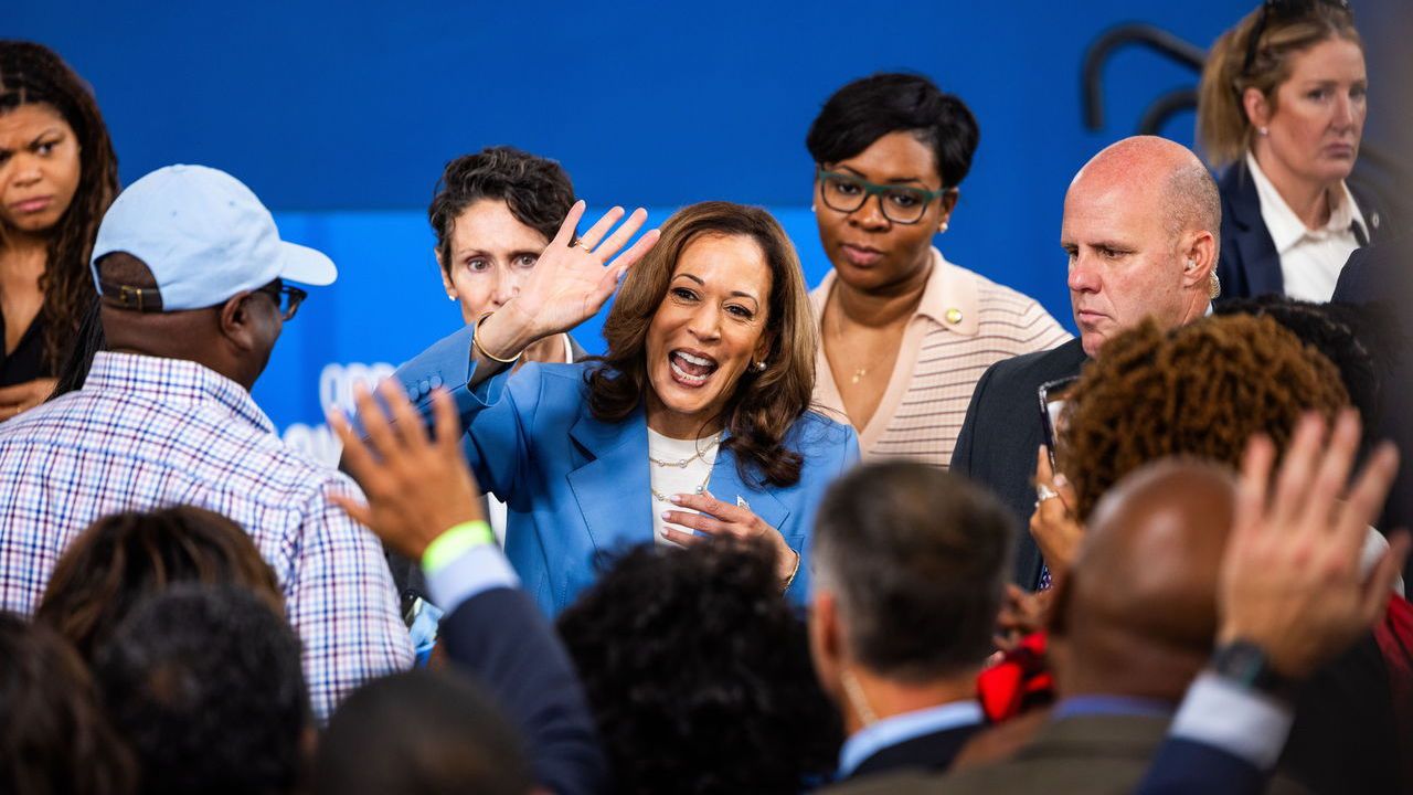 US Vice President Kamala Harris waves at supporters in Raleigh, USA.