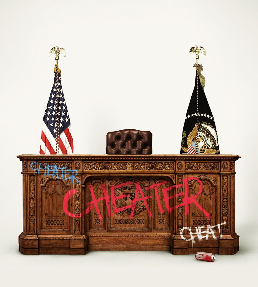 The word "cheater" spray painted onto the front of the Resolute Desk