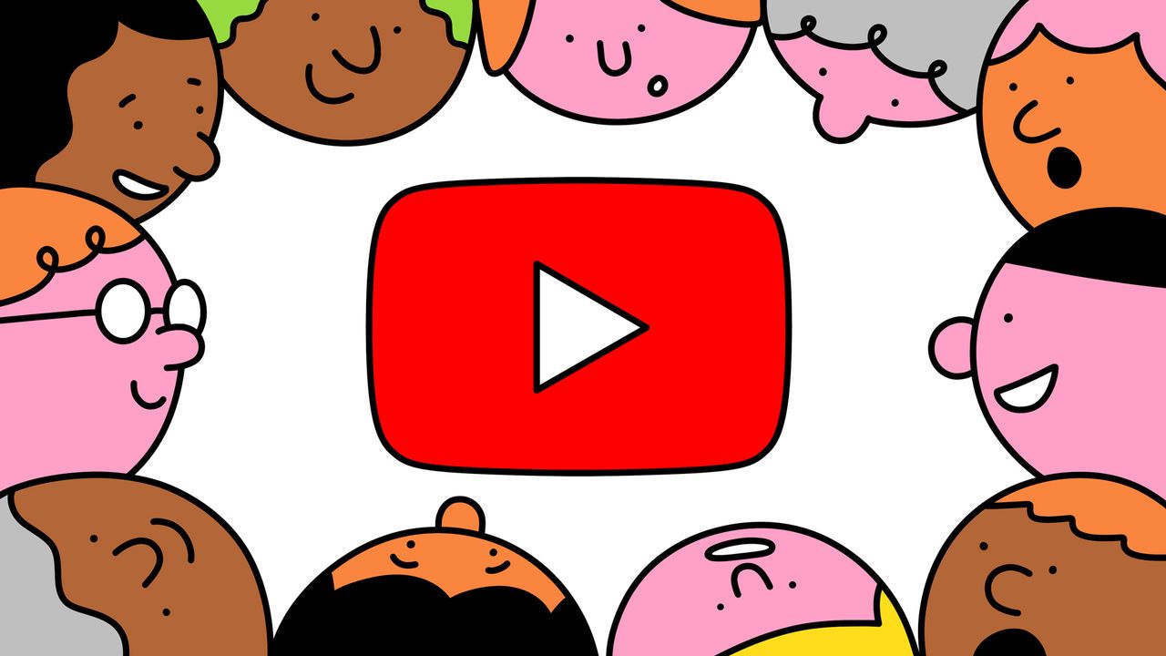 The illustration shows a diverse group of cartoon-style faces surrounding the YouTube play button logo in the center