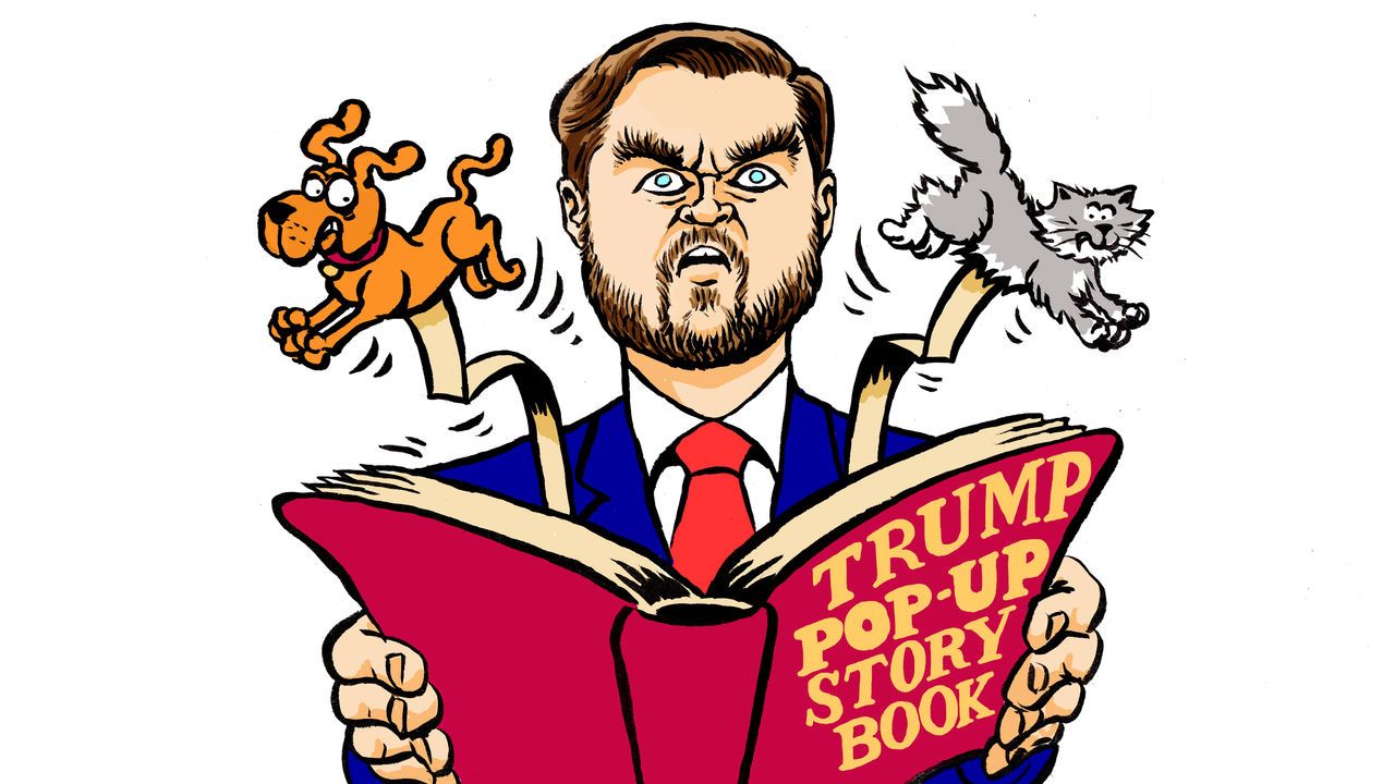 Cartoon of Vance holding the 'Trump Pop-up story book'.