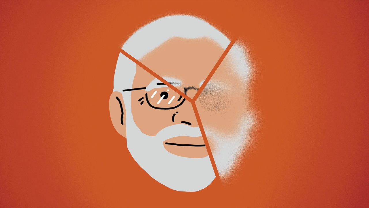 An illustration of Narendra Modi's face divided into three like a pie chart with the right hand side starting to fade away.