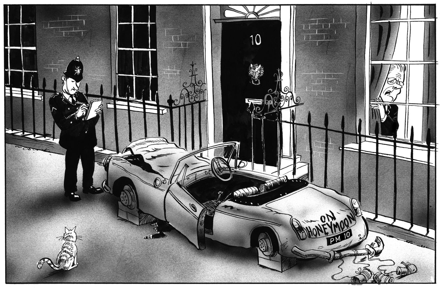 Cartoon of a broken down honeymoon car wit it's wheels removed outside number 10 downing street. A policeman stands in front of it and takes notes while Kier starmer peers out of the window from behind a curtain